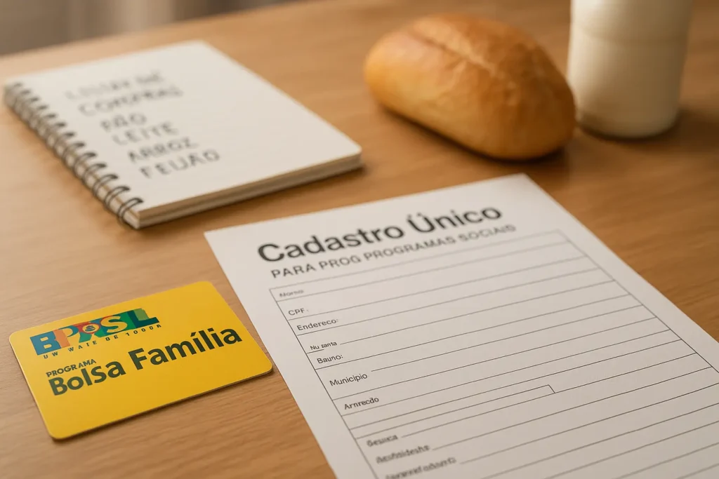 Cartão do Bolsa Família sobre uma mesa, ao lado do formulário do Cadastro Único, simbolizando o guia completo do programa.