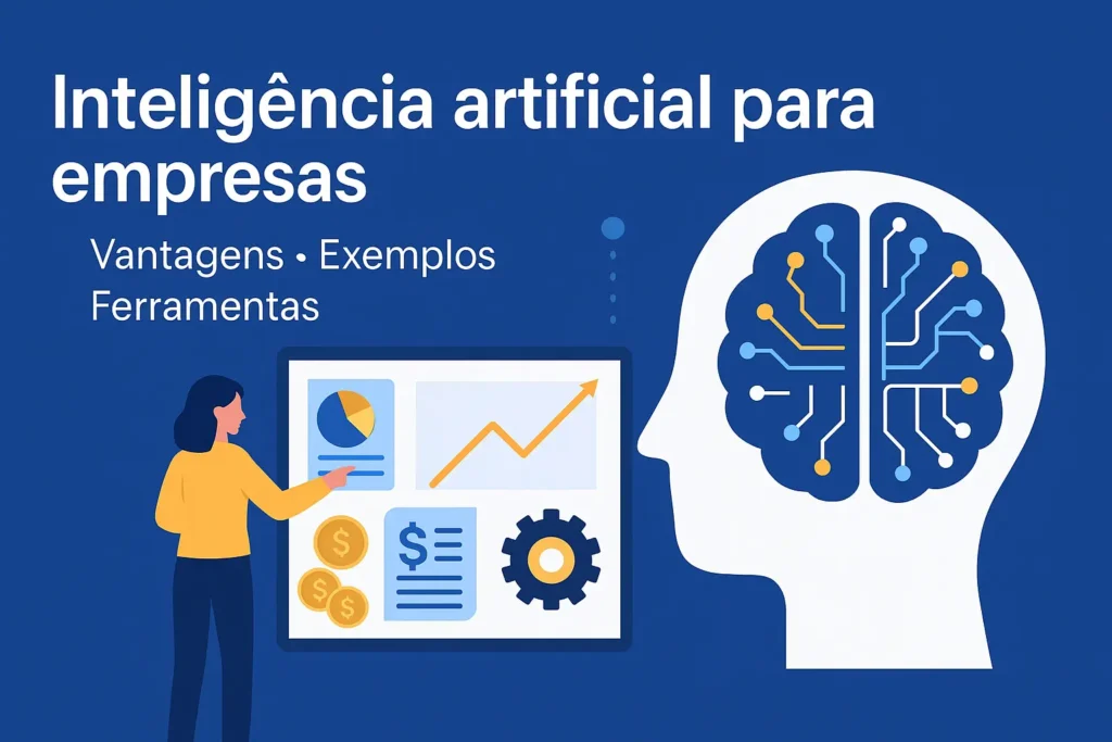 Inteligência artificial para empresas com gráficos, cérebro digital e empresária usando IA para otimizar finanças