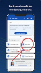Tela principal do Meu INSS após o login, com uma seta ou círculo vermelho destacando o ícone "Extrato de Pagamento