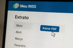 Tela do site Meu INSS em close-up mostrando extrato de pagamento de maio com botão Baixar PDF destacado.