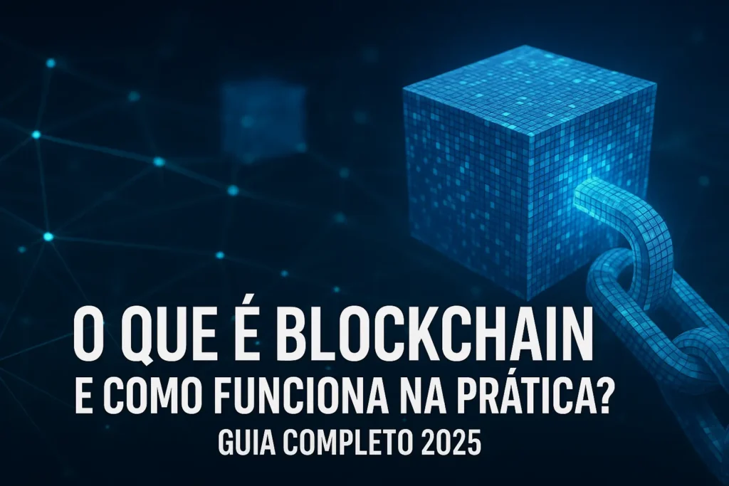 Ilustração realista de blockchain com bloco digital e corrente, destacando segurança e funcionamento da tecnologia em 2025.