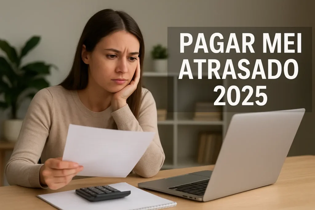 Mulher preocupada analisa guia DAS em frente ao notebook com texto Pagar MEI Atrasado 2025 em destaque na imagem.