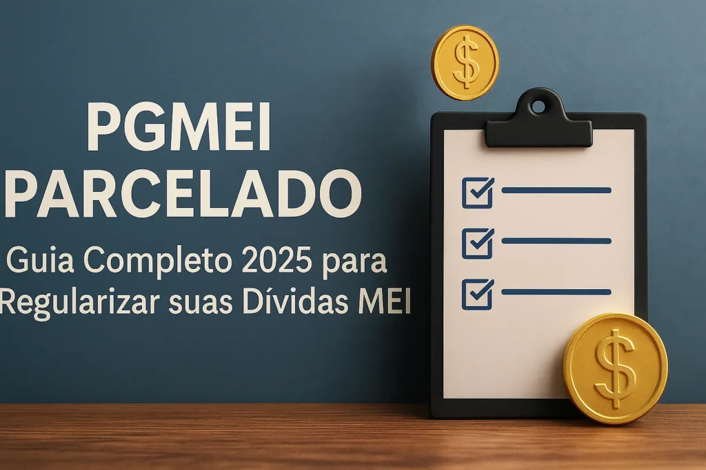 PGMEI parcelado 2025: imagem horizontal com checklist e moedas douradas representando parcelamento de dívidas e regularização MEI