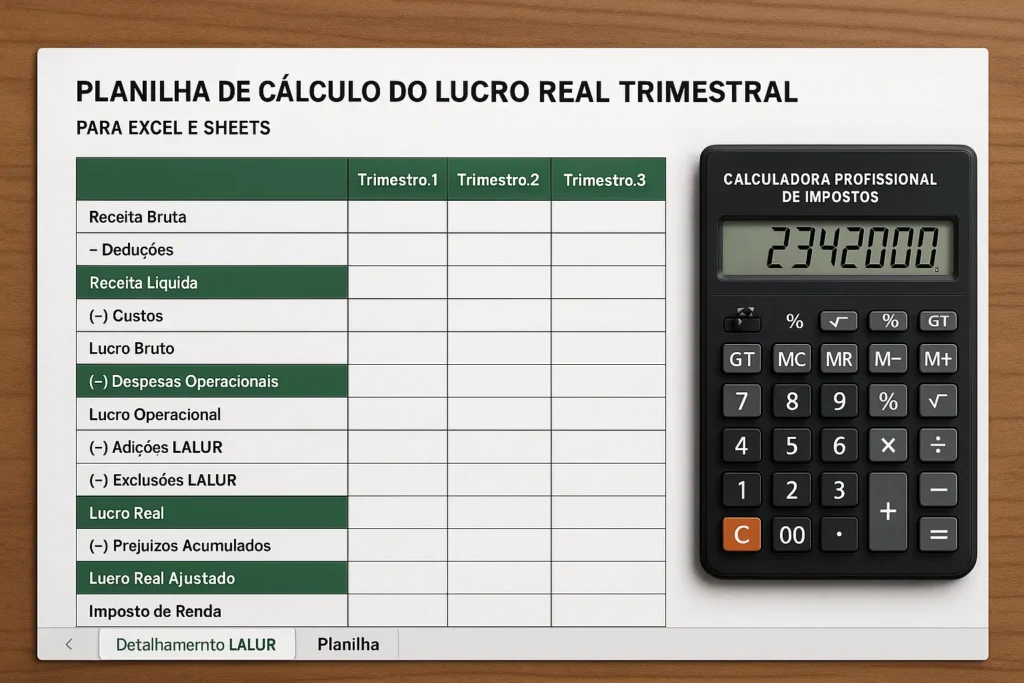 Planilha de cálculo do lucro real trimestral para Excel e Sheets, com abas Detalhamento LALUR e calculadora profissional de impostos.