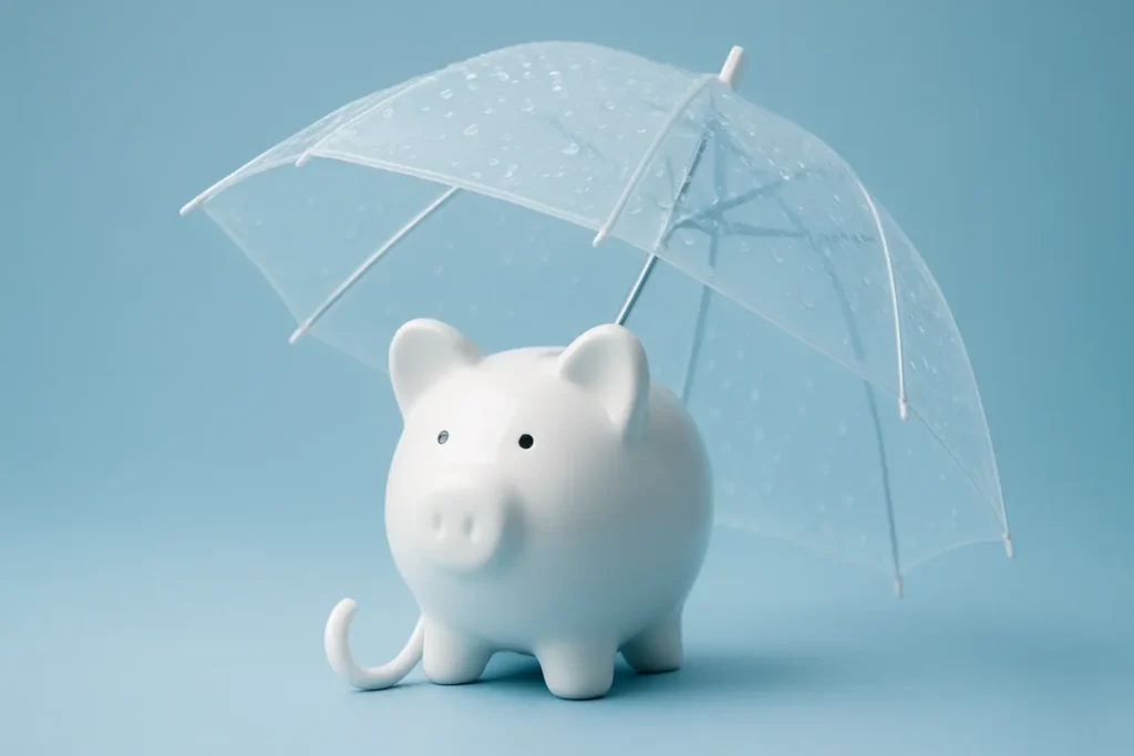 Um cofrinho de porco branco sendo protegido da chuva por um guarda-chuva transparente, simbolizando a reserva de emergência.
