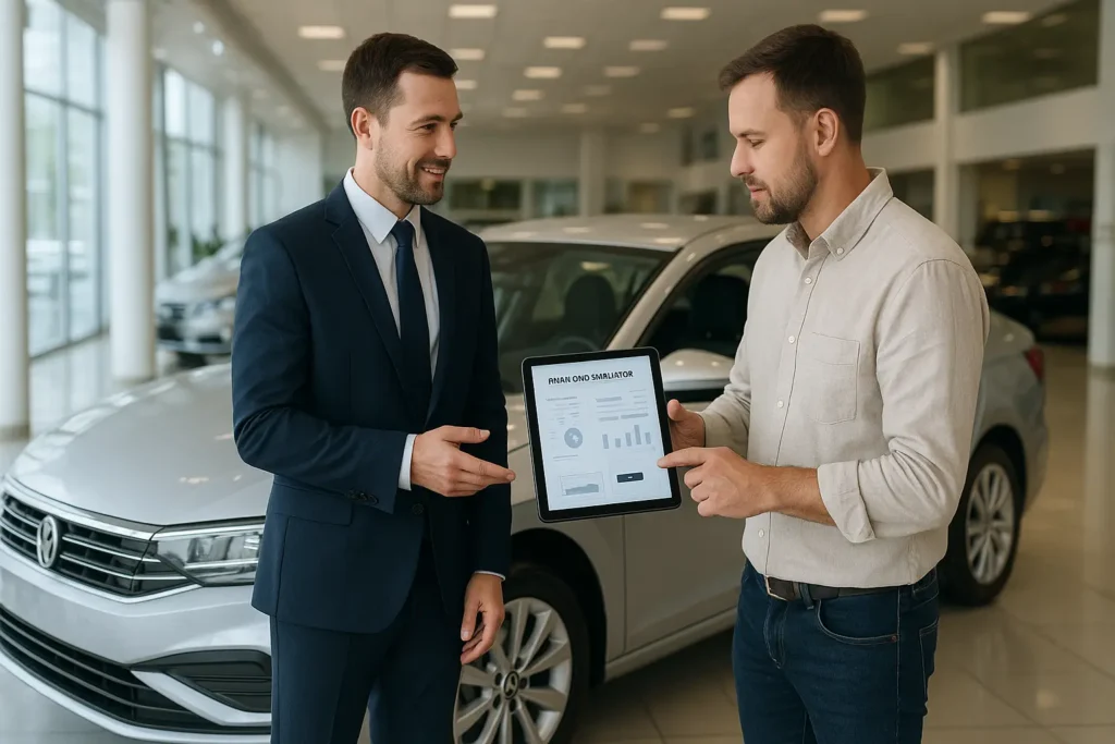 Simulador de financiamento de veículos exibido em tablet dentro de concessionária, cliente e vendedor ao lado de carro sedã prata.