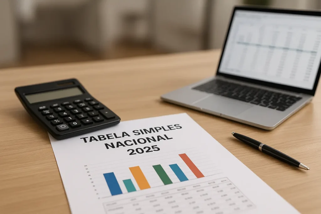 Mesa de escritório com documento “Tabela Simples Nacional 2025”, gráficos coloridos, calculadora, notebook e caneta.
