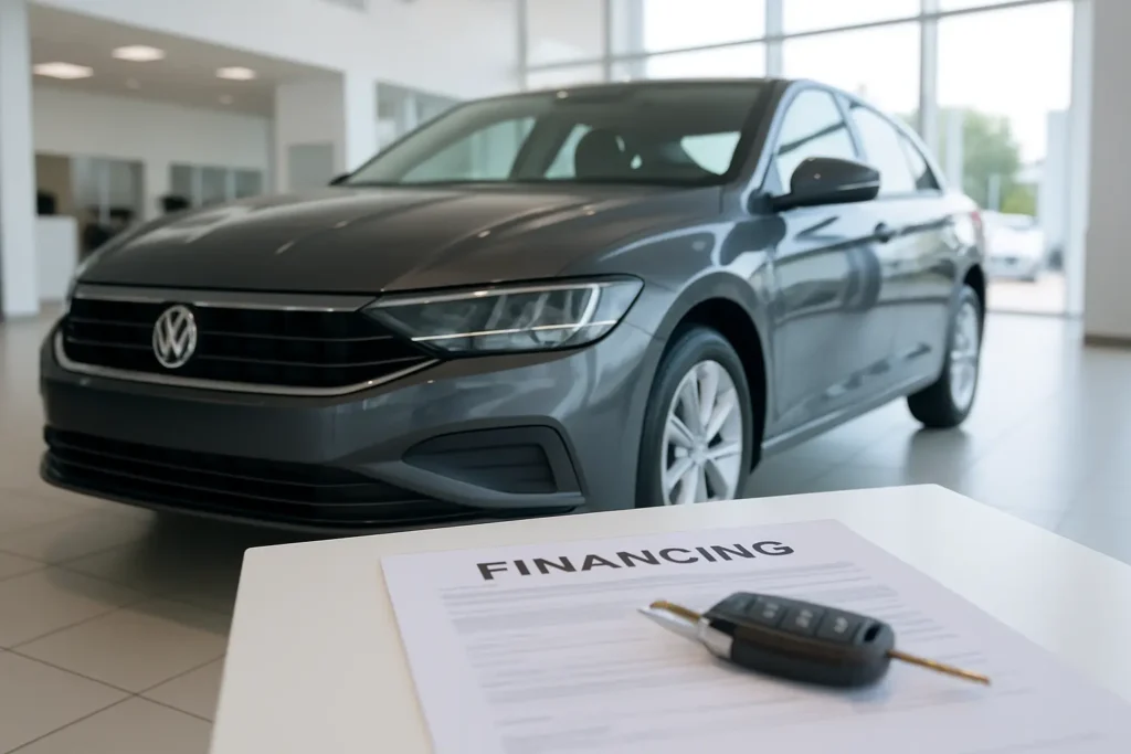 Melhor financiamento de veículos 2025: carro novo em concessionária, chave e contrato sobre a mesa, foto horizontal, conceito de aprovação de crédito