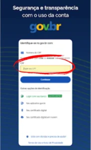 Tela de login do Gov.br, mostrando os campos para CPF e senha.