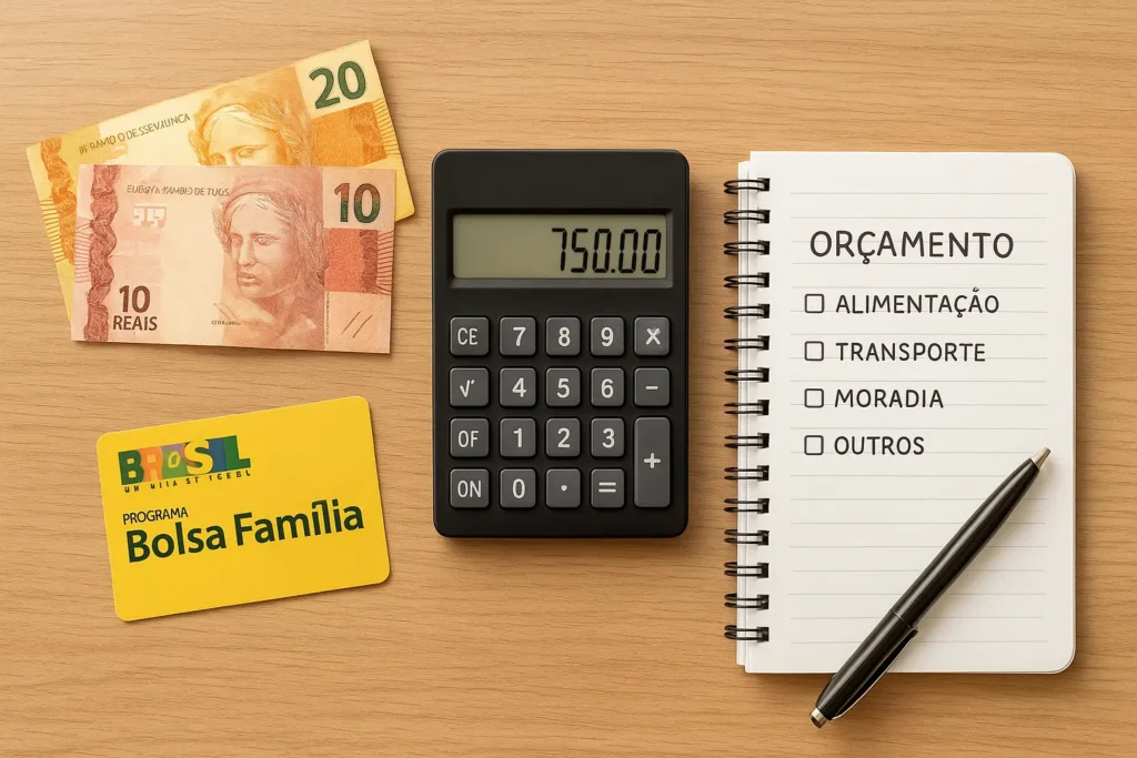 Calculadora exibindo o valor do Bolsa Família ao lado do cartão do benefício e de um caderno de orçamento familiar.