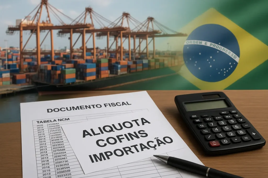 Porto brasileiro com contêineres, guindastes, documentos fiscais e calculadora sobre alíquota COFINS importação