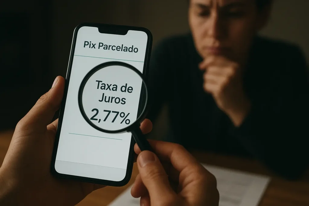 Lupa destacando a taxa de juros do Pix Parcelado em um smartphone, ilustrando a importância de analisar o custo da operação.