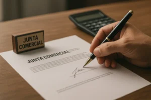 Mão assinando documento oficial da Junta Comercial em mesa com carimbo e calculadora ao fundo.