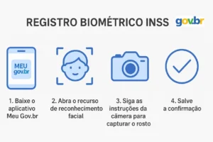 Infográfico explica em 4 passos como realizar a biometria INSS no app Gov.br com reconhecimento facial