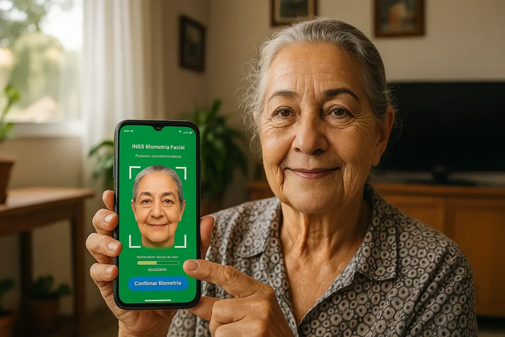 Idosa realiza biometria INSS com reconhecimento facial no celular, registro digital simples e seguro