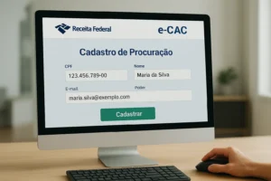 Tela de cadastro digital de procuração no e-CAC, com campos preenchidos e usuário interagindo via computador