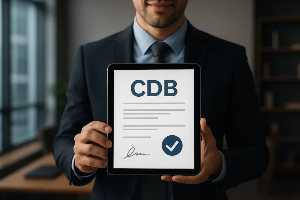 Investidor analisando um CDB em tablet em ambiente de escritório moderno.