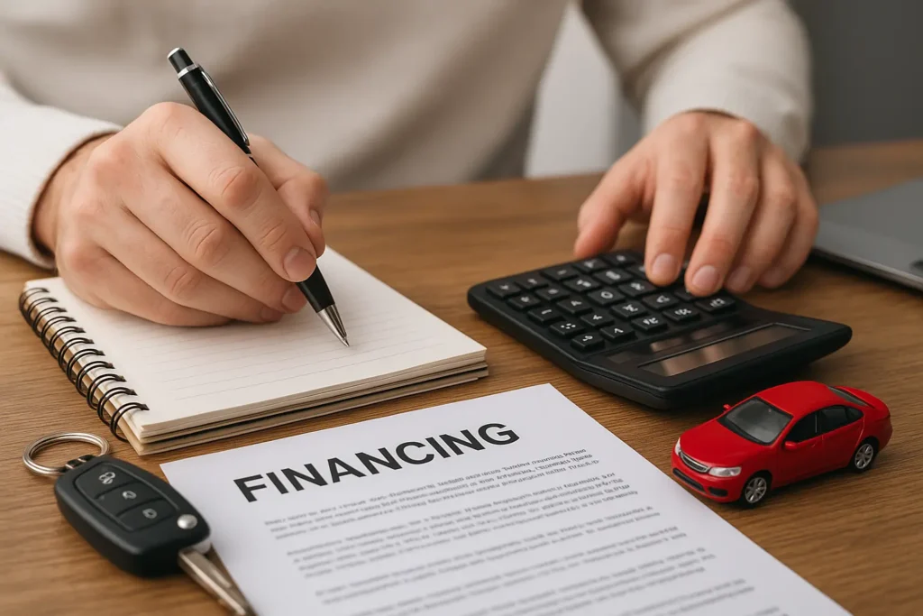 Pessoa usando calculadora e laptop para calcular o custo total do financiamento de veículo em ambiente realista