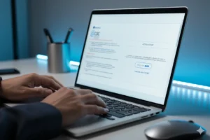 Mãos digitando login no e-CAC pelo notebook com interface de acesso visível.