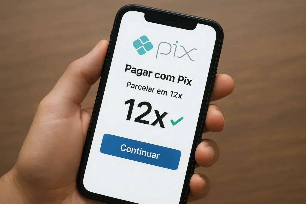 Mão segurando celular mostrando tela do app com opção de 12x, ilustrando como fazer Pix parcelado
