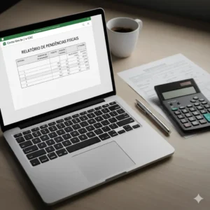 Relatório fiscal de pendências aberto no notebook, calculadora próxima, ambiente de escritório.