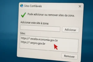 Tela de Sites Confiáveis do Windows mostrando como adicionar o site da Receita Federal para corrigir erros da DCTFWeb.