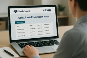 Pessoa consultando procurações ativas no e-CAC em notebook, com anotações ao lado e ambiente de escritório moderno