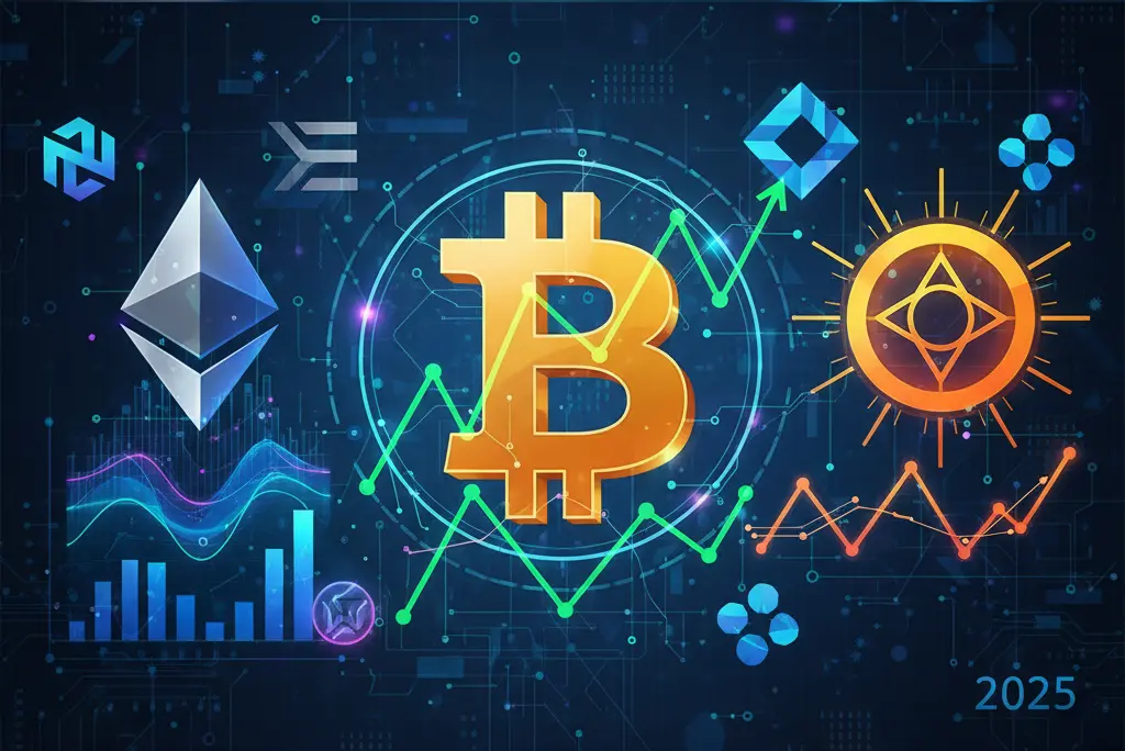 Ícones de criptomoedas promissoras para 2025, como Bitcoin e Ethereum, sobre um gráfico financeiro azul crescente.
