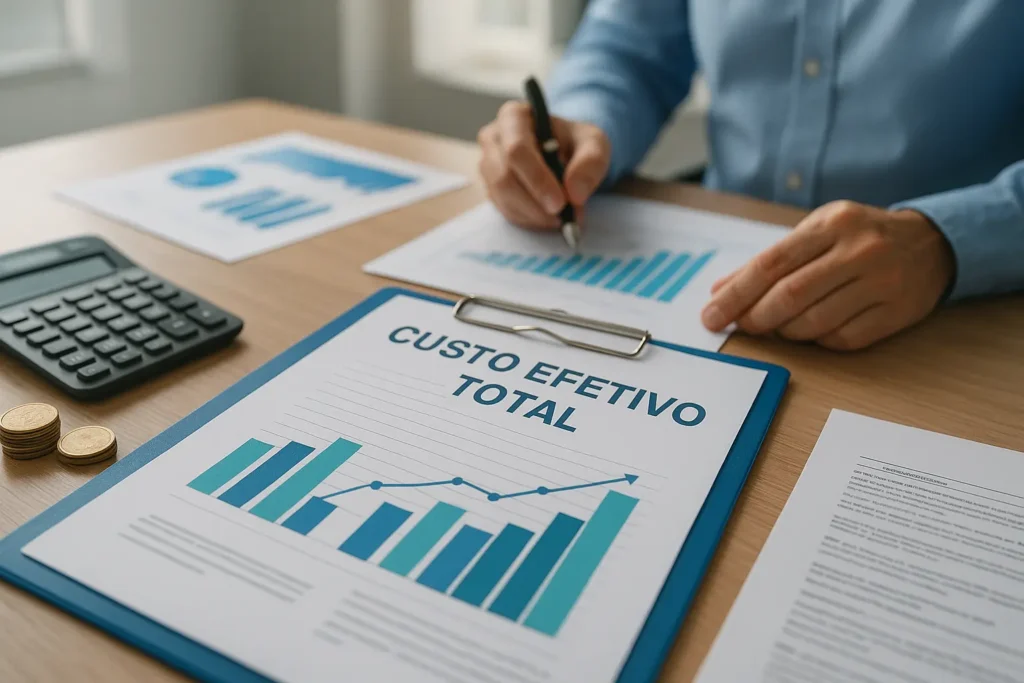 Pessoa analisando contrato de empréstimo com calculadora para entender o Custo Efetivo Total (CET) antes de assinar.