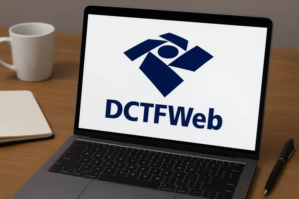 Laptop em mesa de escritório exibindo logo da DCTFWeb da Receita Federal, representando guia prático atualizado da obrigação.