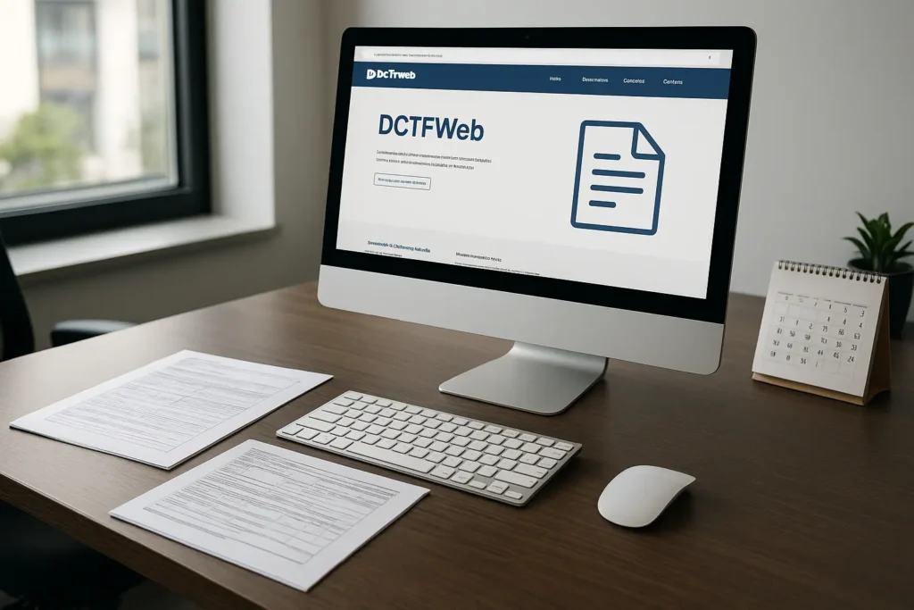 Tela de computador exibindo o portal da DCTFWeb Sem Movimento em uma mesa de escritório com documentos e calendário.