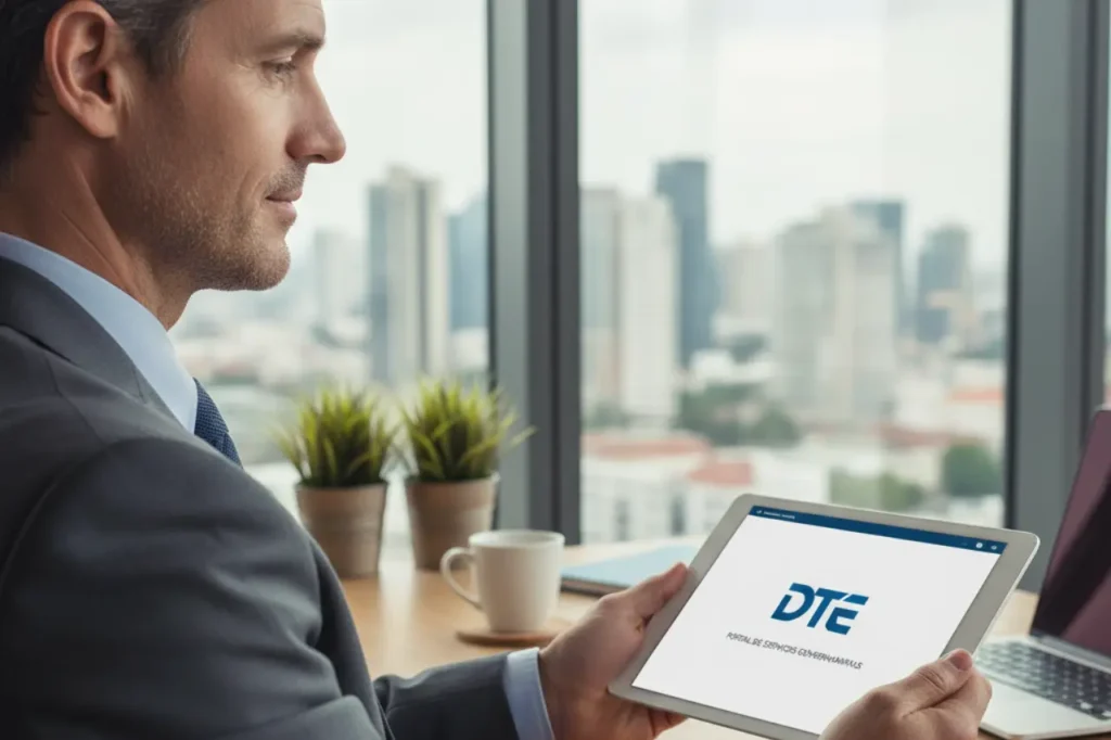 Empresário consultando seu Domicílio Tributário Eletrônico em um tablet para gerenciar suas obrigações fiscais.