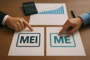 Comparativo visual entre MEI e ME, mostrando a decisão de um empreendedor sobre o enquadramento da empresa.
