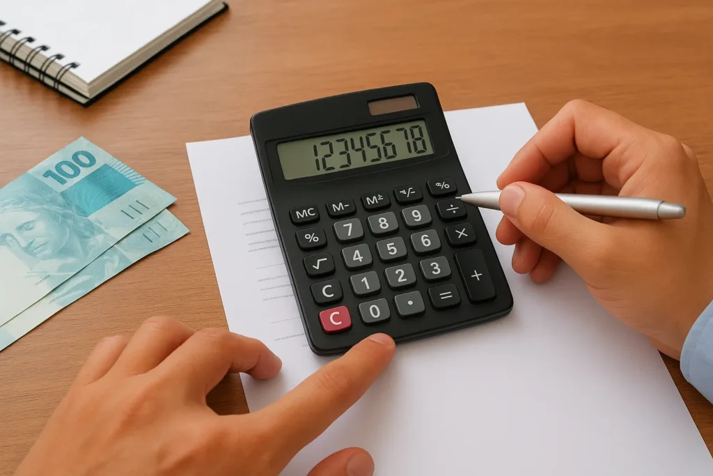 Pessoa usando calculadora e planilha para calcular o iof empréstimo em cenário financeiro realista.