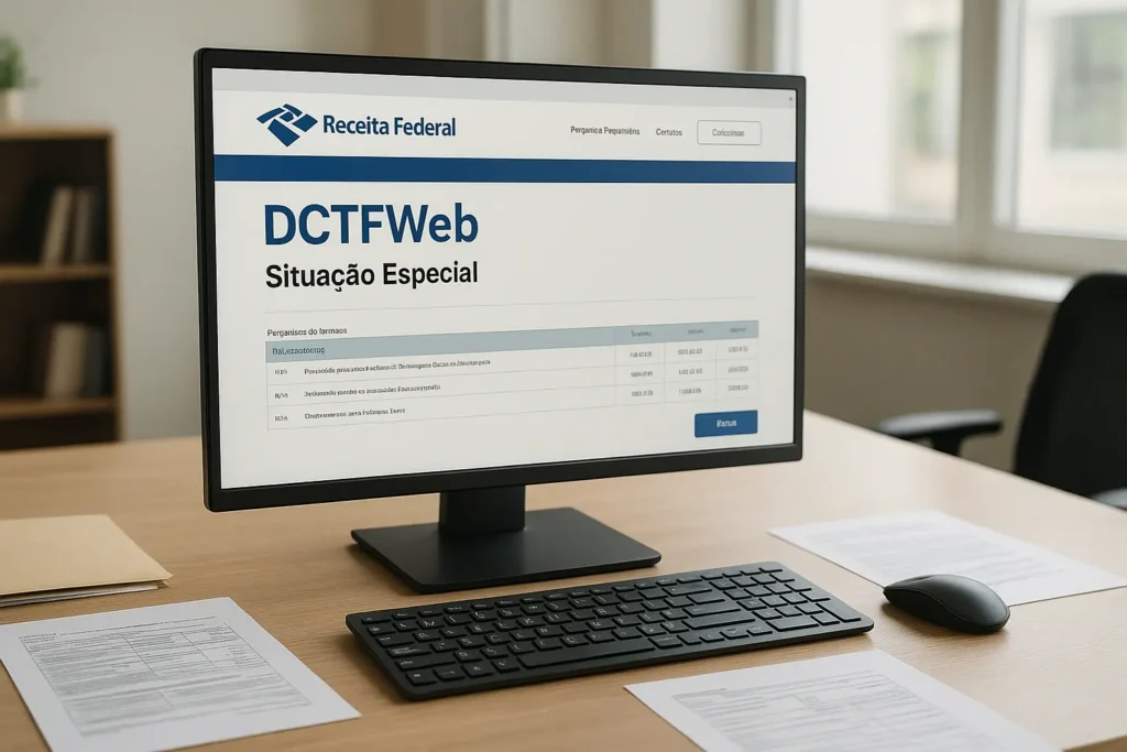 Tela de computador com alerta de erro na DCTFWeb em situação especial, em um escritório profissional com documentos.