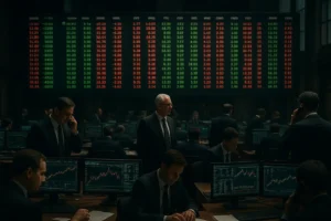 Sala de pregão de bolsa clássica cheia de monitores e pessoas negociando ações