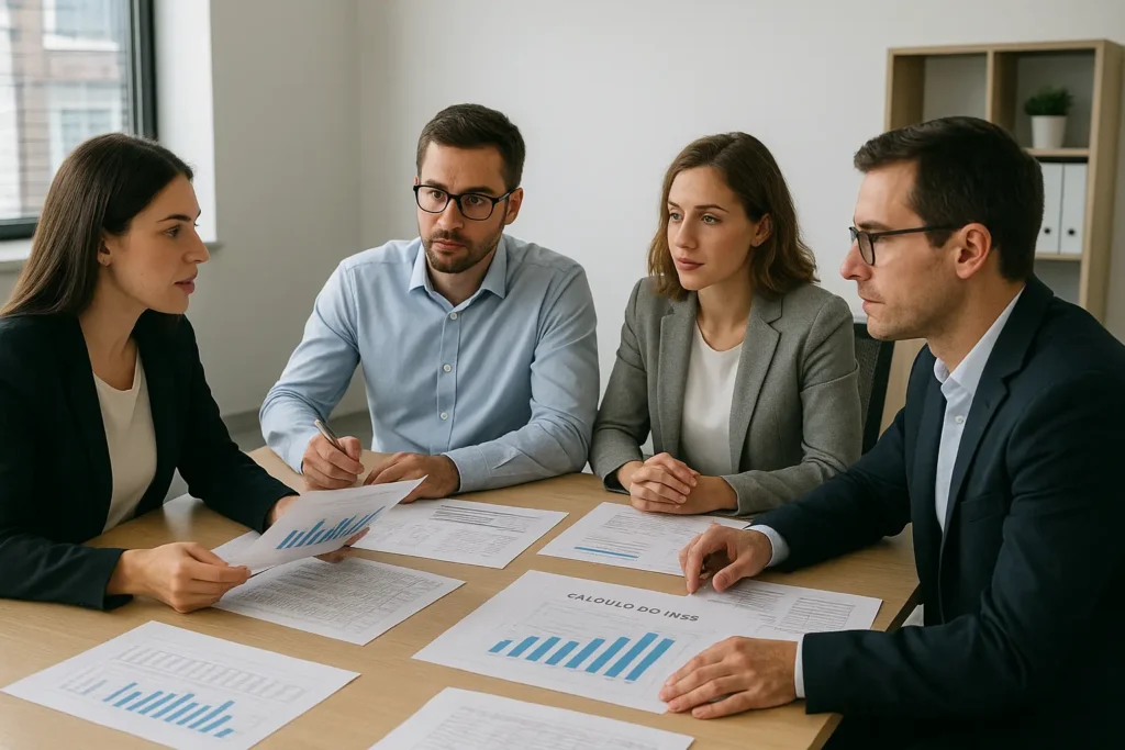 Contadores discutem o cálculo do INSS sobre pró-labore do Simples Nacional em 2025 durante reunião de equipe.