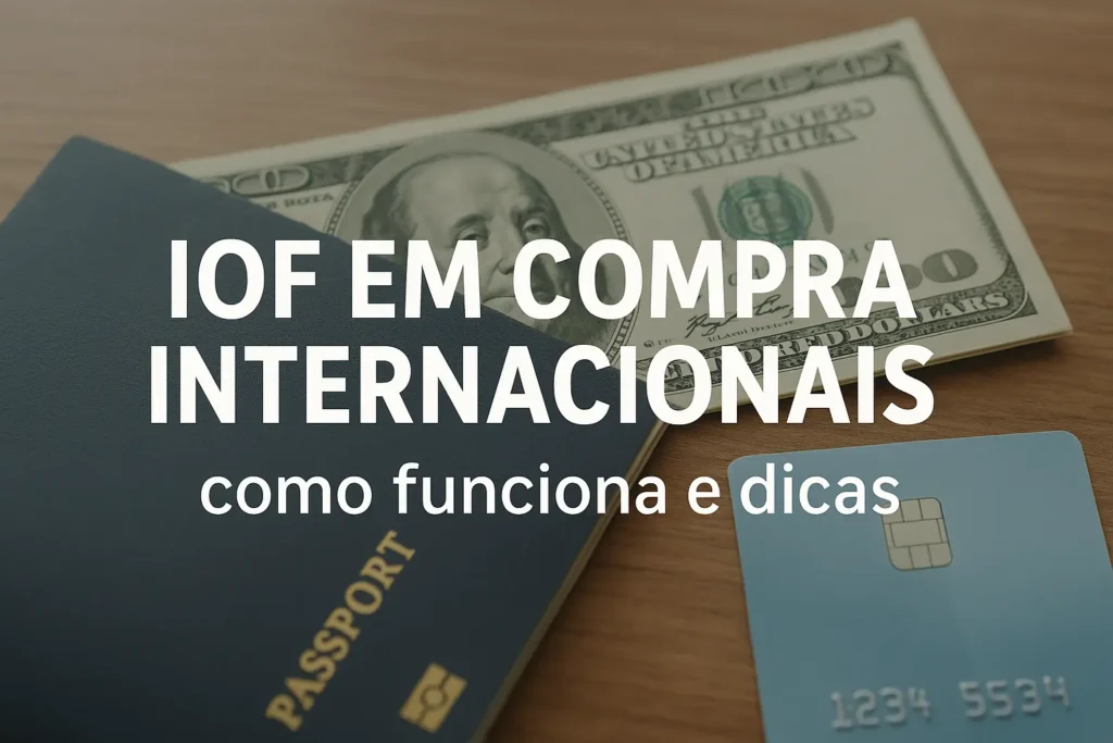 Passaporte, dólar e cartão de crédito em mesa de viagem, simbolizando IOF em compras internacionais.