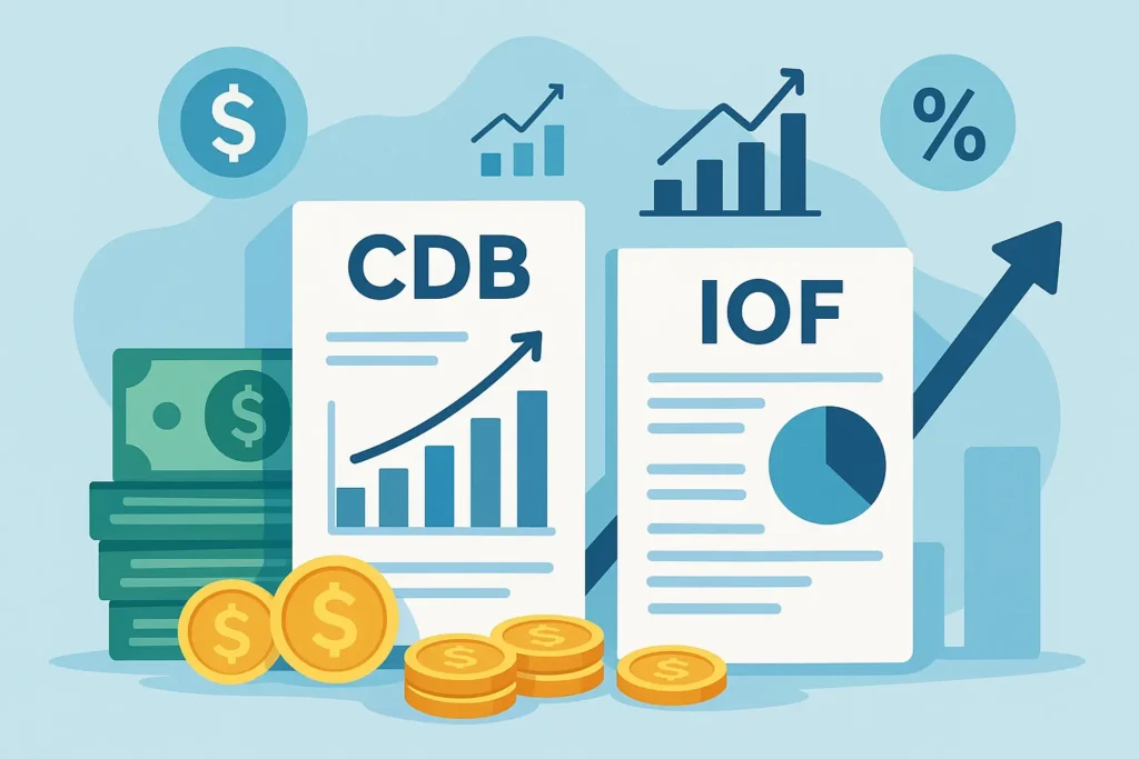 IOF sobre CDB ilustrado com gráficos financeiros, dinheiro e documentos modernos em estilo digital.