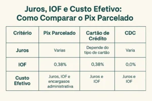 Tabela comparativa mostra juros, IOF e custo efetivo entre Pix parcelado, cartão de crédito e CDC