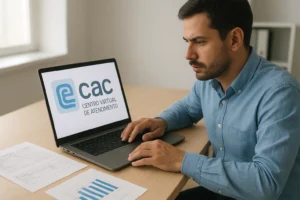 Um MEI sentado à mesa de trabalho com notebook exibindo a interface do e-CAC, gráficos e documentos fiscais ao redor, estilo realista, luz natural suave, atmosfera profissional e focada.