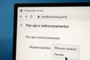 Tela de configurações do Google Chrome mostrando como permitir pop-ups para o site da Receita Federal para corrigir erros da DCTFWeb.