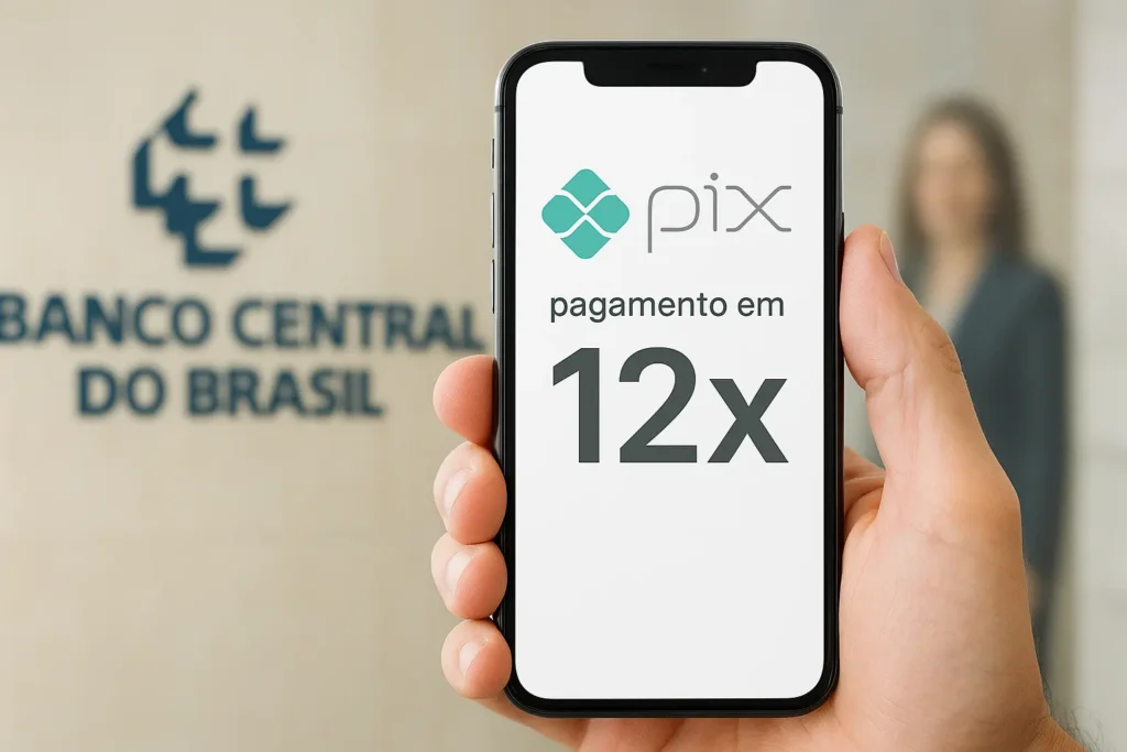 Pessoa segura smartphone exibindo tela do Pix parcelado em 12x, com logo do Banco Central ao fundo