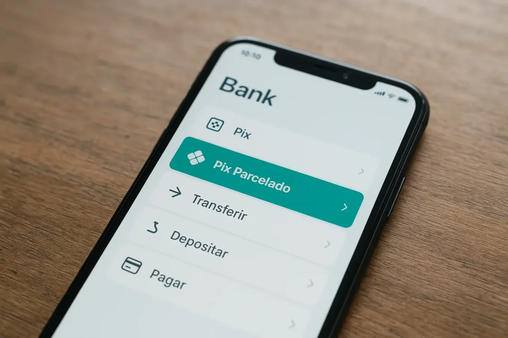 Tela de celular mostrando a opção Pix Parcelado em um aplicativo de banco, ilustrando o conceito da funcionalidade.