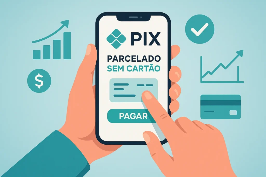 Pessoa pagando via celular com Pix parcelado sem cartão, mostrando parcelas no app e facilidade de crédito 2025