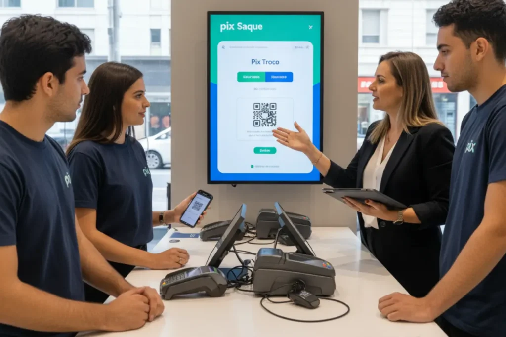Lojista treina equipe para operar Pix Saque e Pix Troco em loja com celulares e QR Code exposto no balcao