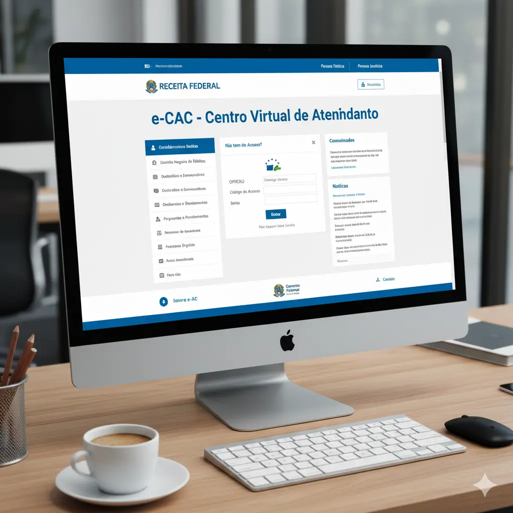 Pessoas acessando o portal e-CAC da Receita Federal em computador moderno com interface clara e profissional