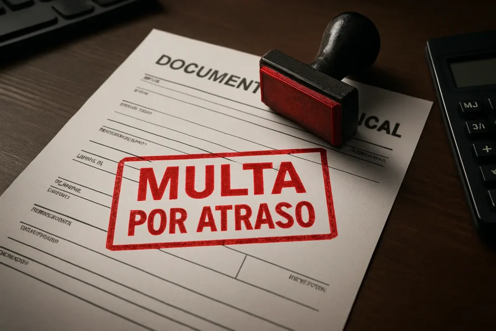 Carimbo vermelho de Multa por Atraso em um documento da DCTFWeb sobre uma mesa de escritório.