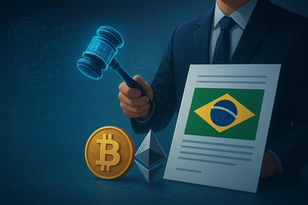 Ilustração realista de regulação de exchanges no Brasil com símbolos de criptomoedas e bandeira brasileira.
