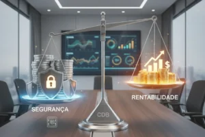 Balança ilustrando riscos e vantagens de investir em CDB.